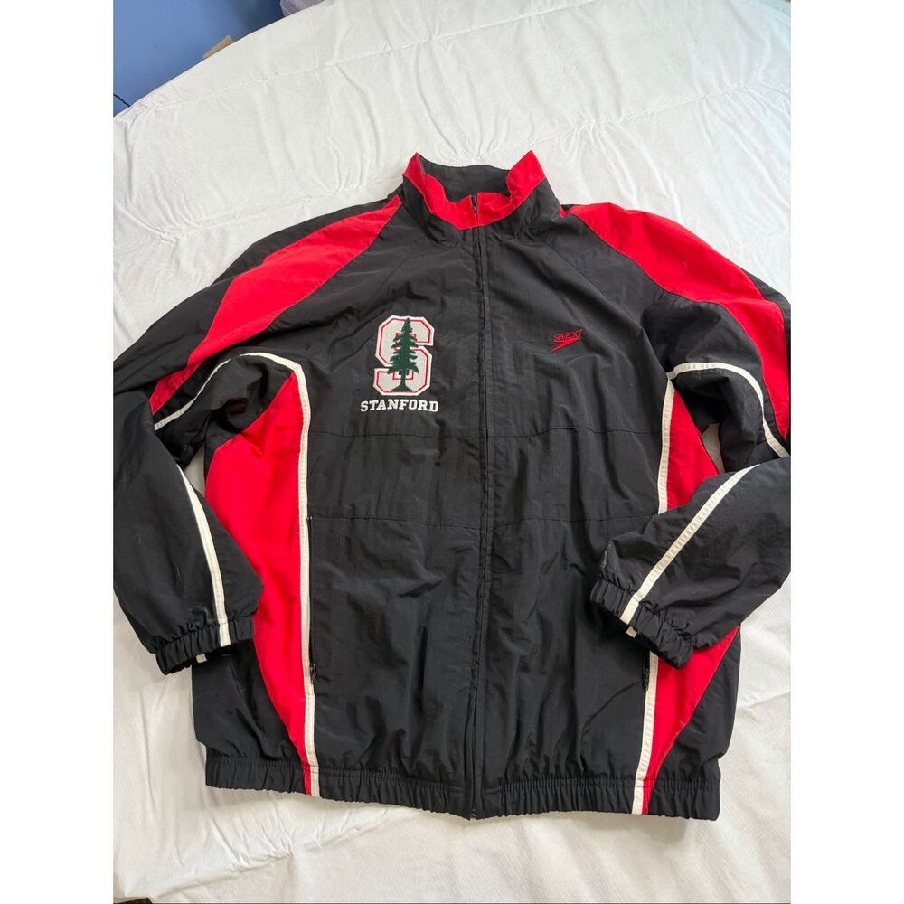 Speedo Stanford Cardinal Vintage Red Black Full Zip Windbreaker Jacket Size XL